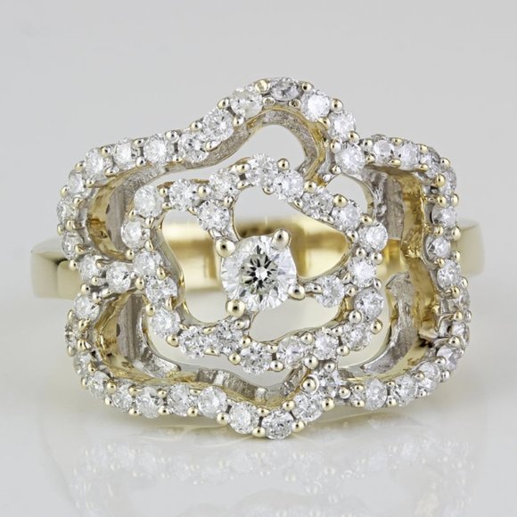 Jewelry - 14K Yellow Gold Diamond Flower Cocktail Ring